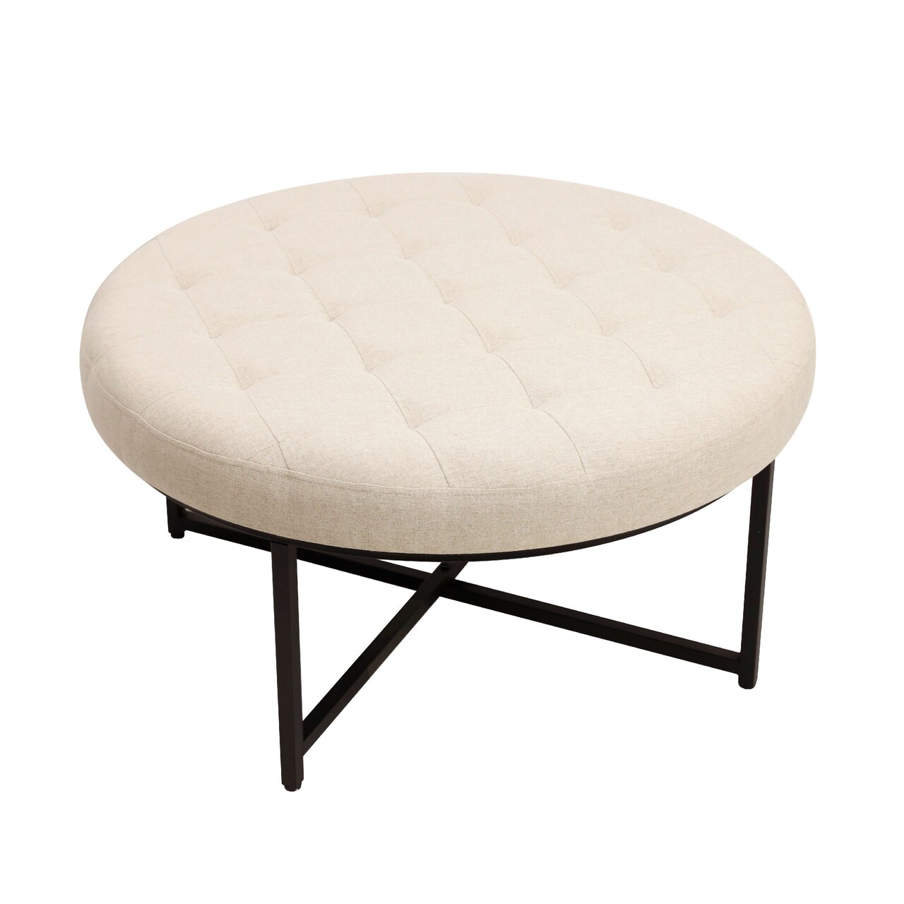Merrick Lane Almas 34-Inch Round Tufted Cotton Linen Ottoman with Durable Metal Frame